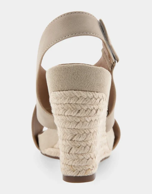 Comfortable Women's Crisscross Velcro Back Footbed Wedge Sandal in Pale Khaki Faux Leather Faux Suede