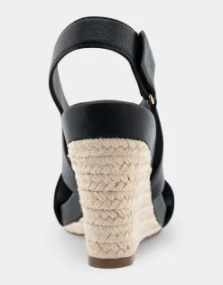 Comfortable Women's Crisscross Velcro Back Footbed Wedge Sandal in Black Faux Leather