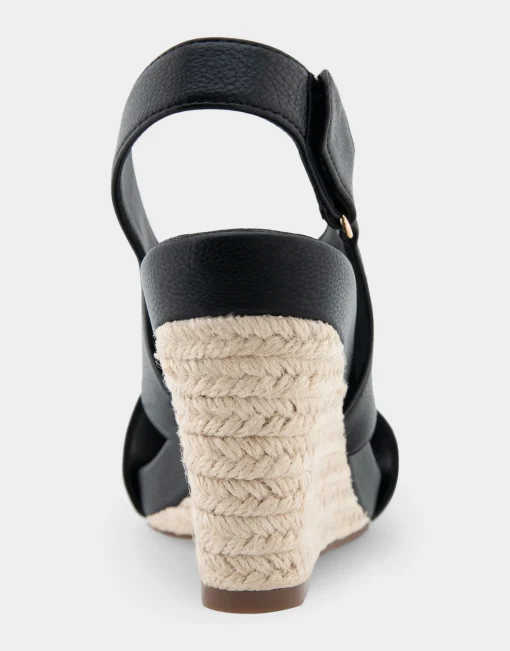 Comfortable Women's Crisscross Velcro Back Footbed Wedge Sandal in Black Faux Leather