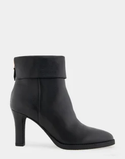 Comfortable Women's Cuffed Point Toe Crepe Sole Stiletto Bootie in Black Leather Leather