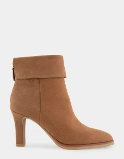 Comfortable Women's Cuffed Point Toe Crepe Sole Stiletto Bootie in Camel Pebbled Nubuck Leather