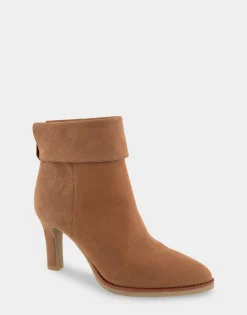 Comfortable Women's Cuffed Point Toe Crepe Sole Stiletto Bootie in Camel Pebbled Nubuck Leather
