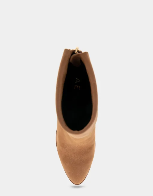 Comfortable Women's Cuffed Point Toe Crepe Sole Stiletto Bootie in Camel Pebbled Nubuck Leather