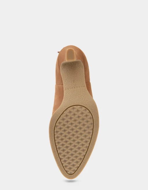 Comfortable Women's Cuffed Point Toe Crepe Sole Stiletto Bootie in Camel Pebbled Nubuck Leather