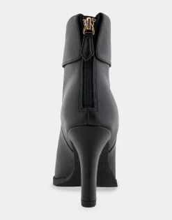 Comfortable Women's Cuffed Point Toe Crepe Sole Stiletto Bootie in Black Leather Leather