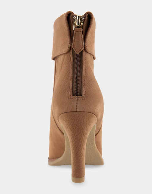 Comfortable Women's Cuffed Point Toe Crepe Sole Stiletto Bootie in Camel Pebbled Nubuck Leather