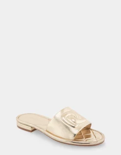 Comfortable Women's Debossed Chain Link Slide Sandal in Soft Gold Faux Leather