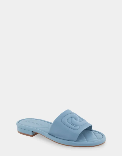 Comfortable Women's Debossed Chain Link Slide Sandal in Dusty Blue Leather