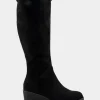 Comfortable Women's Faux Shearling Trimmed Knee High Wedge Boot in Black Faux Suede Faux Suede