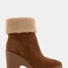 Comfortable Women's Faux Shearling Cuff Sculpted Wedge Crepe Heel Bootie in Tobacco Suede Suede
