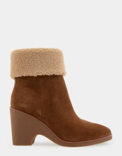 Comfortable Women's Faux Shearling Cuff Sculpted Wedge Crepe Heel Bootie in Tobacco Suede Suede