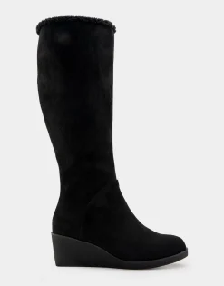 Comfortable Women's Faux Shearling Trimmed Knee High Wedge Boot in Black Faux Suede Faux Suede