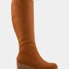 Comfortable Women's Faux Shearling Trimmed Knee High Wedge Boot in Tobacco Faux Suede Faux Suede