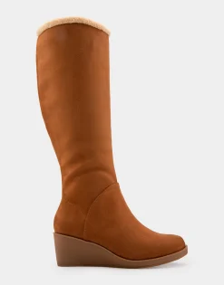 Comfortable Women's Faux Shearling Trimmed Knee High Wedge Boot in Tobacco Faux Suede Faux Suede