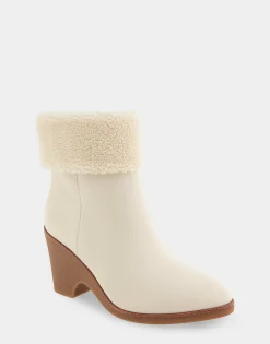 Comfortable Women's Faux Shearling Cuff Sculpted Wedge Crepe Heel Bootie in Eggnog Pebbled Nubuck Leather