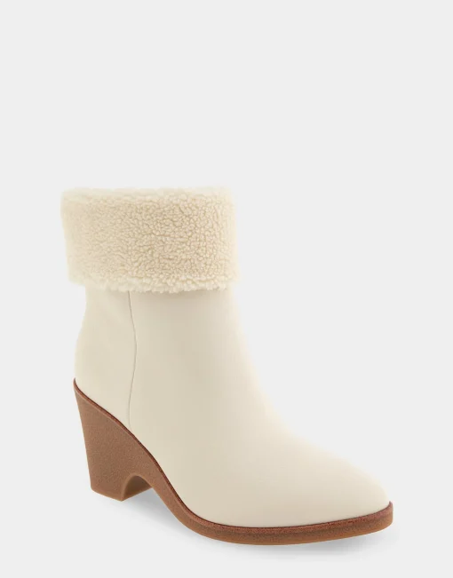 Comfortable Women's Faux Shearling Cuff Sculpted Wedge Crepe Heel Bootie in Eggnog Pebbled Nubuck Leather