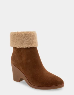 Comfortable Women's Faux Shearling Cuff Sculpted Wedge Crepe Heel Bootie in Tobacco Suede Suede