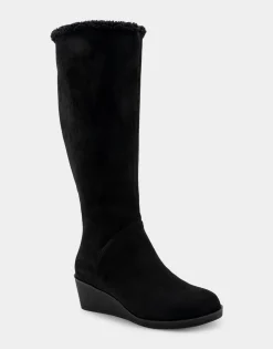 Comfortable Women's Faux Shearling Trimmed Knee High Wedge Boot in Black Faux Suede Faux Suede