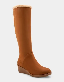 Comfortable Women's Faux Shearling Trimmed Knee High Wedge Boot in Tobacco Faux Suede Faux Suede