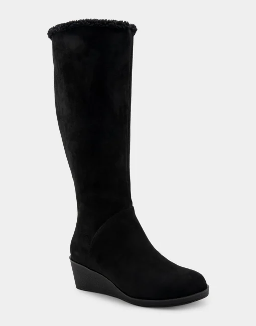 Comfortable Women's Faux Shearling Trimmed Knee High Wedge Boot in Black Faux Suede Faux Suede