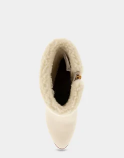 Comfortable Women's Faux Shearling Cuff Sculpted Wedge Crepe Heel Bootie in Eggnog Pebbled Nubuck Leather
