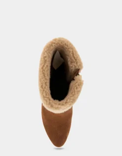 Comfortable Women's Faux Shearling Cuff Sculpted Wedge Crepe Heel Bootie in Tobacco Suede Suede