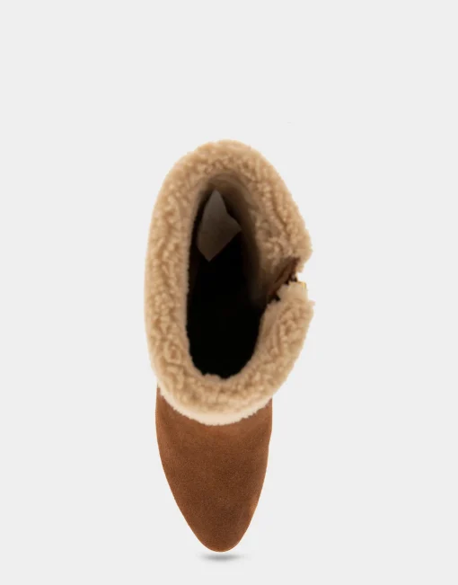 Comfortable Women's Faux Shearling Cuff Sculpted Wedge Crepe Heel Bootie in Tobacco Suede Suede