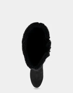 Comfortable Women's Faux Shearling Trimmed Knee High Wedge Boot in Black Faux Suede Faux Suede