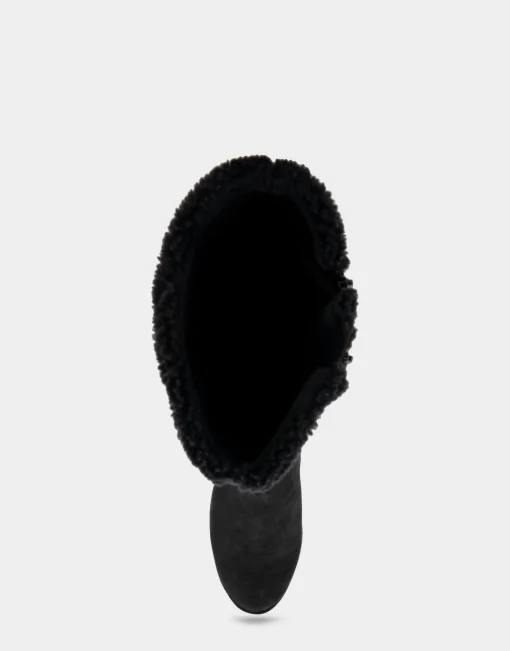 Comfortable Women's Faux Shearling Trimmed Knee High Wedge Boot in Black Faux Suede Faux Suede