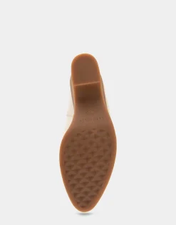 Comfortable Women's Faux Shearling Cuff Sculpted Wedge Crepe Heel Bootie in Eggnog Pebbled Nubuck Leather