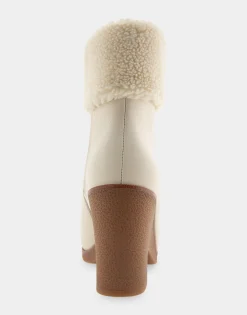Comfortable Women's Faux Shearling Cuff Sculpted Wedge Crepe Heel Bootie in Eggnog Pebbled Nubuck Leather