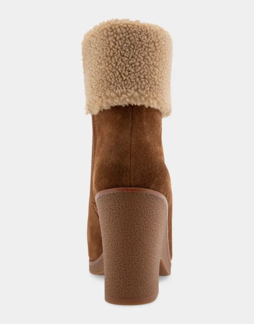 Comfortable Women's Faux Shearling Cuff Sculpted Wedge Crepe Heel Bootie in Tobacco Suede Suede