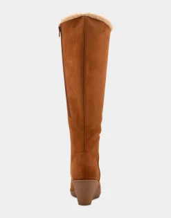 Comfortable Women's Faux Shearling Trimmed Knee High Wedge Boot in Tobacco Faux Suede Faux Suede