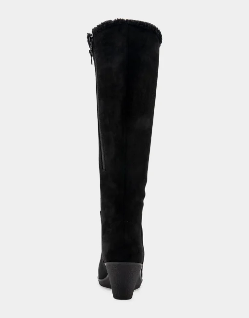Comfortable Women's Faux Shearling Trimmed Knee High Wedge Boot in Black Faux Suede Faux Suede