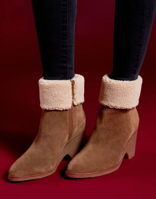 Comfortable Women's Faux Shearling Cuff Sculpted Wedge Crepe Heel Bootie in Tobacco Suede Suede
