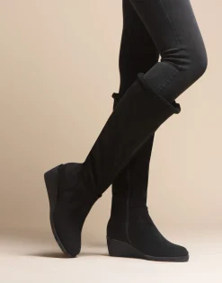 Comfortable Women's Faux Shearling Trimmed Knee High Wedge Boot in Black Faux Suede Faux Suede