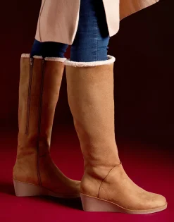 Comfortable Women's Faux Shearling Trimmed Knee High Wedge Boot in Tobacco Faux Suede Faux Suede