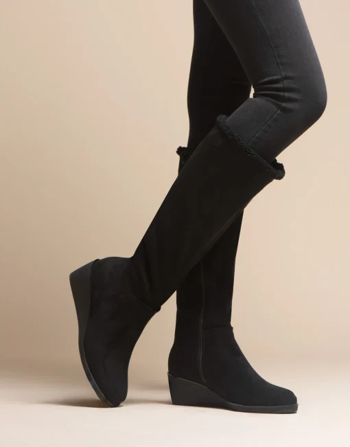 Comfortable Women's Faux Shearling Trimmed Knee High Wedge Boot in Black Faux Suede Faux Suede