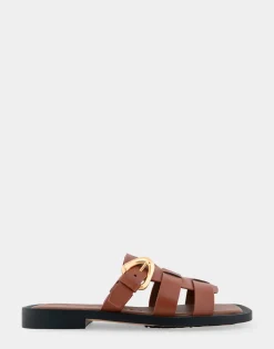 Comfortable Women's Fisherman Flat Slide Sandal in Gingerbread Leather