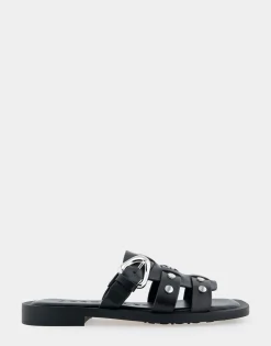 Comfortable Women's Fisherman Flat Slide Sandal in Black Leather