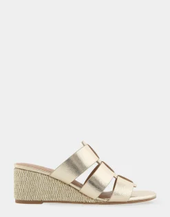 Comfortable Women's Fisherman Mid Wedge Slide in Soft Gold Faux Leather