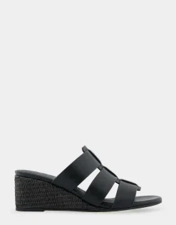 Comfortable Women's Fisherman Mid Wedge Slide in Black Faux Leather