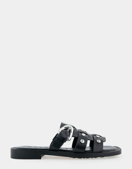 Comfortable Women's Fisherman Flat Slide Sandal in Black Leather