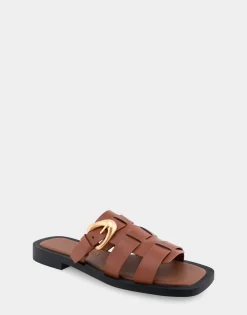Comfortable Women's Fisherman Flat Slide Sandal in Gingerbread Leather