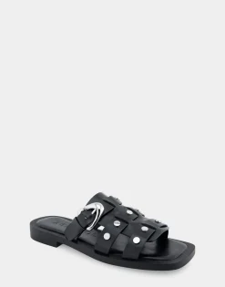Comfortable Women's Fisherman Flat Slide Sandal in Black Leather