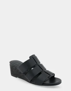Comfortable Women's Fisherman Mid Wedge Slide in Black Faux Leather