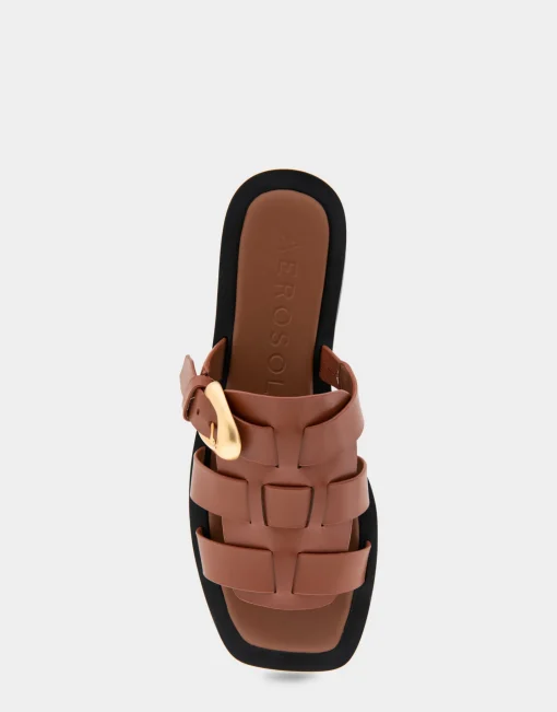 Comfortable Women's Fisherman Flat Slide Sandal in Gingerbread Leather