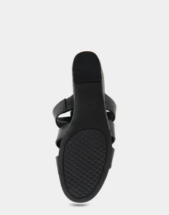 Comfortable Women's Fisherman Mid Wedge Slide in Black Faux Leather