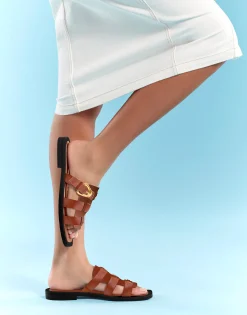 Comfortable Women's Fisherman Flat Slide Sandal in Gingerbread Leather