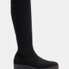 Comfortable Women's Flatform Heel Tall Shaft Boot in Black Stretch Faux Suede